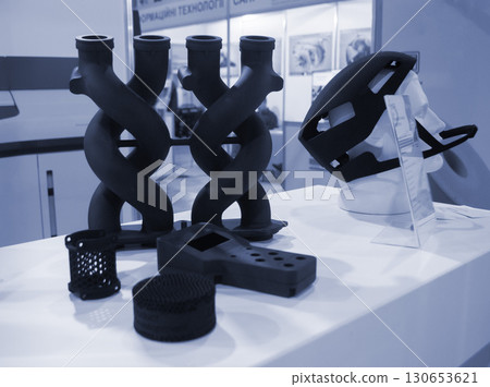 Object printed on 3D printer from molten plastic powder close-up. Model of black color printed on 3D printer from melted polyamide powder. Modern additive 3D printing technology. Multi Jet Fusion MJF 130653621