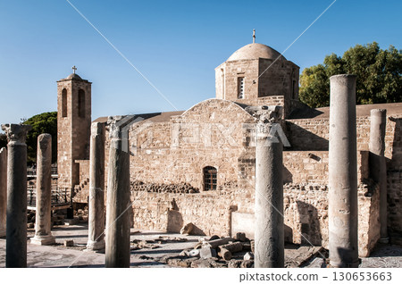 Ancient stone Panagia Chrysopolitissa Church with columns standing in Paphos, Cyprus Ancient stone Panagia Chrysopolitissa Church with columns standing in Paphos, Cyprus 130653663