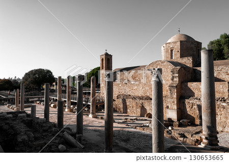 Ancient ruins of Ayia Kyriaki Chrysopolitissa Church in Paphos showing stone columns. Cyprus 130653665