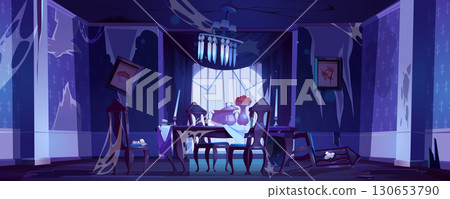 Abandoned dining hall room night scene 130653790