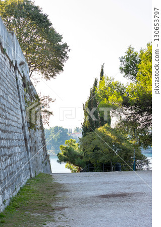 Rovinj, Croatia square with trees and sea view 130653797
