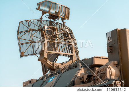 Powerful mobile military radar station scanning for enemy aircraft 130653842