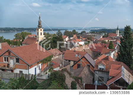 Zemun, Belgrade, Serbia - panoramic view overlooking Danube river and Church towers 130653886