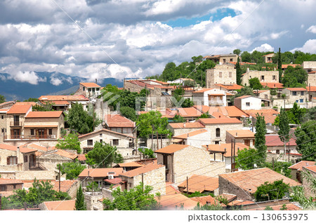 Lofou village showing traditional stone houses on hillside in Cyprus 130653975