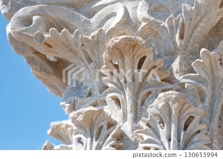 Close-up of ancient greek column showing acanthus leaves decoration. Kourion archaeological site, Cyprus 130653994