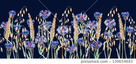 Cornflowers and golden wheat and oat ears. Seamless watercolor border on blue. Rustic wildflower design, perfect for country style wedding invitations, fabric patterns, eco packaging, and summer decor 130654683