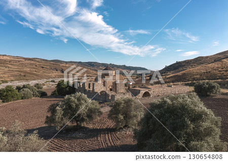 Medieval Panagia of Sintis monastery ruins nestled in a tranquil mountain valley. Paphos District, Cyprus 130654808