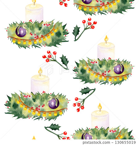 Candles, holly, pine branches, berries, baubles watercolor seamless vertical border isolated on white. Ideal for wrapping paper, festive textiles, greeting cards, invitations, holiday decor projects 130655019