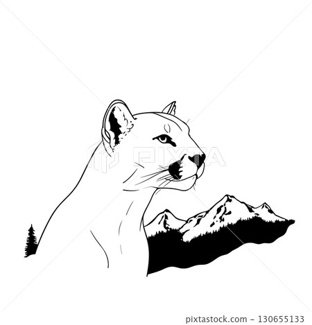 Mountain Lion. Mountain Lion simple black and white line art vector logo 130655133
