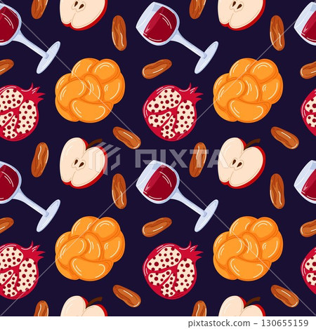 Seamless pattern with challah bread, apple, pomegranate, dates and wine glass symbolizing traditional foods for jewish holiday rosh hashanah on dark background in cartoon style. 130655159