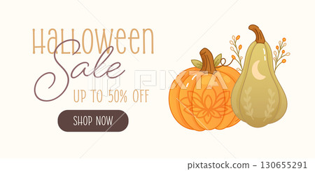 Halloween sale banner with pumpkins and gourd in boho style Halloween sale banner with pumpkins and gourd in boho style 130655291