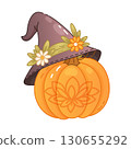 Cute pumpkin with witch hat floral Halloween boho illustration 130655292
