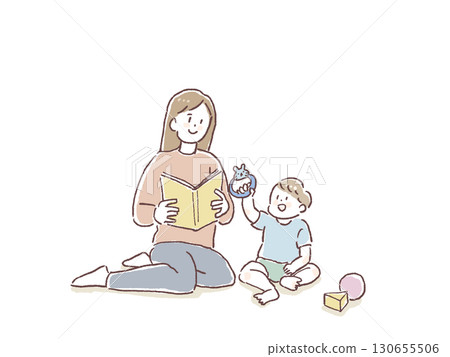 Mother reading a book, baby playing with toys, child 130655506
