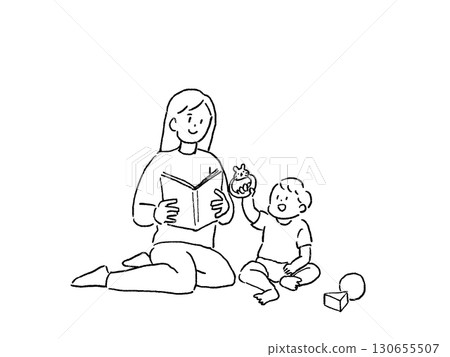 母親讀書，嬰兒玩玩具，孩子，線畫 130655507