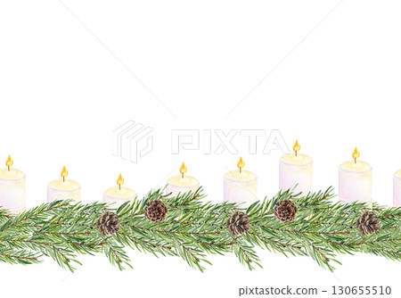 Pine branches garland with candles, cones. Seamless watercolor horizontal border isolated on white ideal for Christmas cards, posters, Advent, digital designs, scrapbooking, festive decorations Pine branches garland with candles, cones. Seamless watercolor horizontal border isolated on white ideal for Christmas cards, posters, Advent, digital designs, scrapbooking, festive decorations 130655510