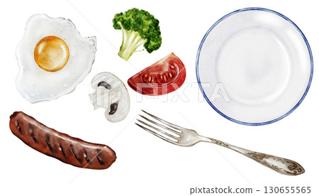 Breakfast set watercolor. Fried egg, plate, fork, tomato and broccoli. Clip art food. Ideal for decorating cookbooks and recipes, restaurant menus 130655565
