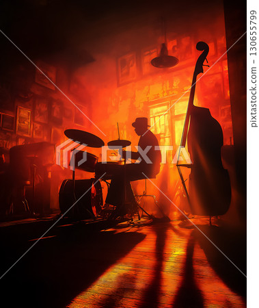 爵士酒吧裡演奏的鼓手的剪影 爵士酒吧裡演奏的鼓手的剪影 130655799