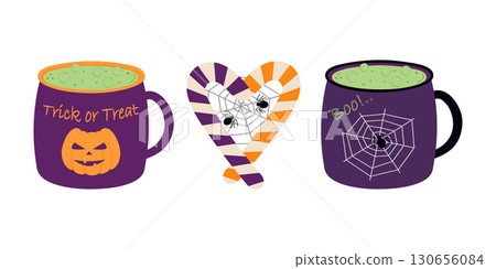 Halloween Stiped Candy Cane and Cobweb with Spiders and Halloween Mugs with Witch Potion and Letters Halloween Stiped Candy Cane and Cobweb with Spiders and Halloween Mugs with Witch Potion and Letters 130656084