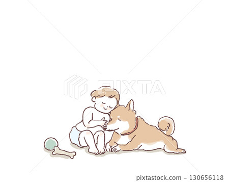 一個嬰兒依偎著一隻柴犬,玩具, 一個嬰兒依偎著一隻柴犬,玩具, 130656118