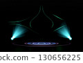 Futuristic dark background with two cyan spotlights illuminating a circular stage. Green glowing curves create an abstract, dynamic atmosphere, ideal for technology, events, or product displays. 130656225