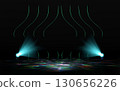 Two bright spotlights illuminate a wavy, colorful reflective floor, casting dynamic blue beams. Symmetrical glowing green lines curve above, creating an abstract stage or digital dark background. 130656226