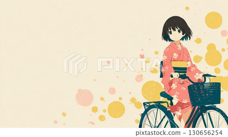 一位身穿和服的女孩騎自行車 130656254