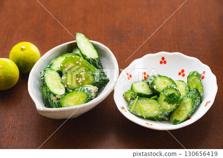 Lightly pickled cucumber with wasabi and mitsuba 130656419