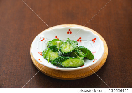 Lightly pickled cucumber with wasabi and mitsuba Lightly pickled cucumber with wasabi and mitsuba 130656425