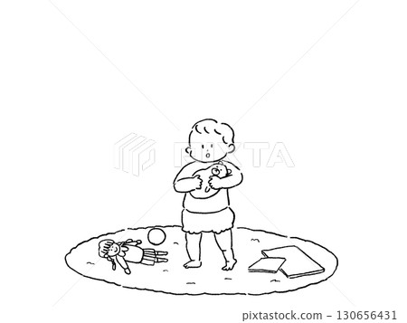 嬰兒站在墊子上,手裡拿著毛絨玩具、撥浪鼓、玩具、圖畫書、洋娃娃(女孩顏色)、線條畫 嬰兒站在墊子上,手裡拿著毛絨玩具、撥浪鼓、玩具、圖畫書、洋娃娃(女孩顏色)、線條畫 130656431