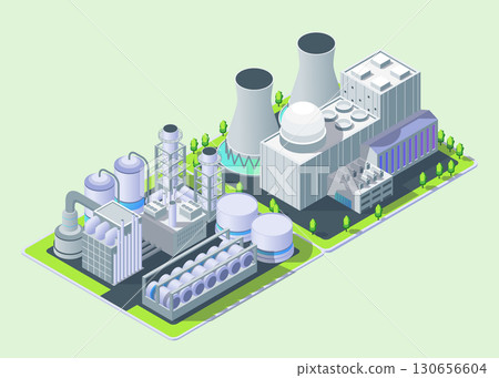 Cartoon Color Nuclear Power Plant and Petrochemical Plant Industrial Energy Building Concept 3d Isometric View. Vector illustration 130656604