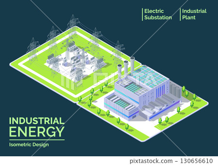 Cartoon Color Power Plant and Electric Substation Object Industrial Energy Building Concept 3d Isometric View. Vector illustration 130656610