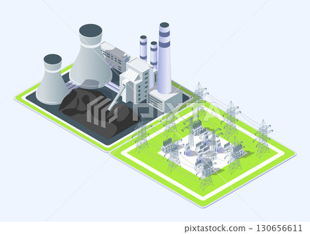 Cartoon Color Coal Plant and Electric Substation Object Industrial Energy Building Concept 3d Isometric View. Vector illustration Cartoon Color Coal Plant and Electric Substation Object Industrial Energy Building Concept 3d Isometric View. Vector illustration 130656611