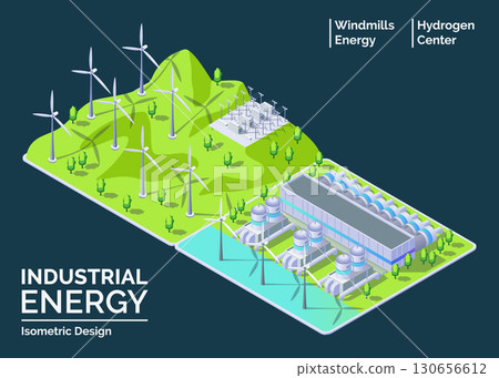 Cartoon Color Hydrogen Center and Windmill Object Industrial Energy Building Concept 3d Isometric View. Vector illustration 130656612
