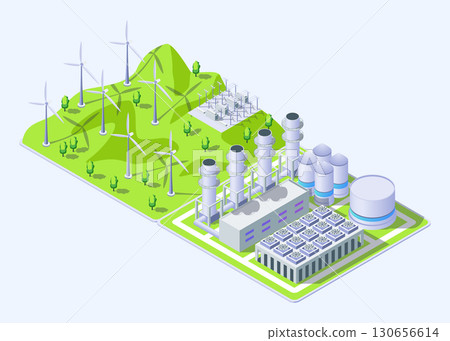 Cartoon Color Windmill and Gas Thermal Power Plant Industrial Energy Building Concept 3d Isometric View. Vector illustration 130656614