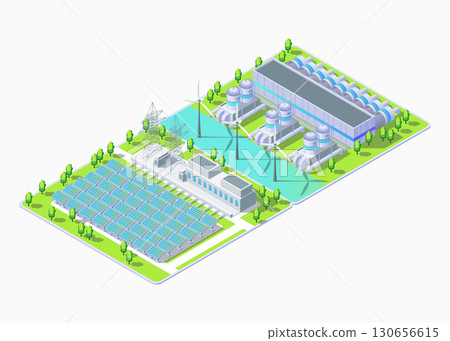 Cartoon Color Solar Panel Field and Hydrogen Center Industrial Energy Building Concept 3d Isometric View. Vector illustration 130656615