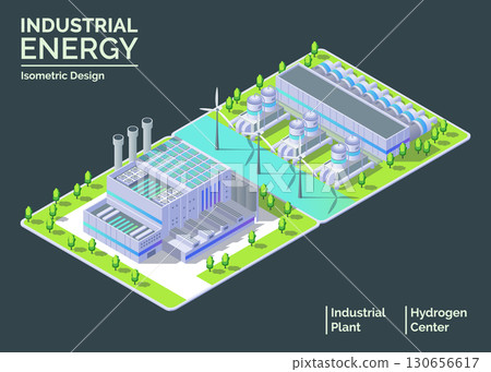 Cartoon Color Hydrogen Center and Power Plant Industrial Energy Building Concept 3d Isometric View. Vector illustration 130656617