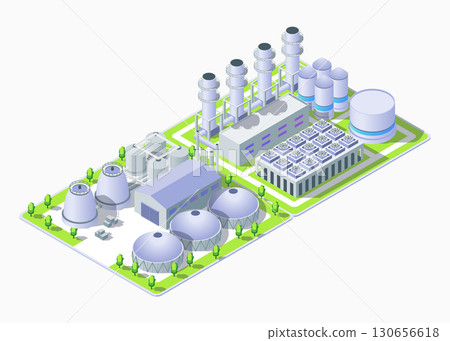 Cartoon Color Gas Thermal and Bioenergy Power Plant Industrial Energy Building Concept 3d Isometric View. Vector illustration 130656618