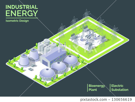 Cartoon Color Electric Substation and Bioenergy Power Plant Industrial Energy Building Concept 3d Isometric View. Vector illustration Cartoon Color Electric Substation and Bioenergy Power Plant Industrial Energy Building Concept 3d Isometric View. Vector illustration 130656619