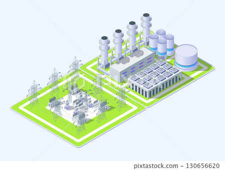 Cartoon Color Electric Substation and Gas Thermal Power Plant Industrial Energy Building Concept 3d Isometric View. Vector illustration 130656620