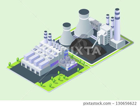 Cartoon Color Garbage and Coal Power Plant Industrial Energy Building Concept 3d Isometric View. Vector illustration 130656622