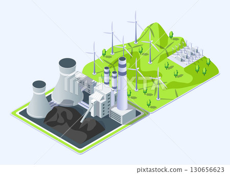 Cartoon Color Windmill and Coal Power Plant Industrial Energy Building Concept 3d Isometric View. Vector illustration 130656623