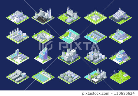 Cartoon Color Different Types Industrial Energy Building on a Platform Set Concept 3d Isometric View. Vector illustration 130656624