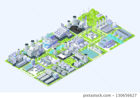 Cartoon Color Industrial Energy Building Complex Isolated Concept 3d Isometric View . Vector illustration of Electricity Object 130656627
