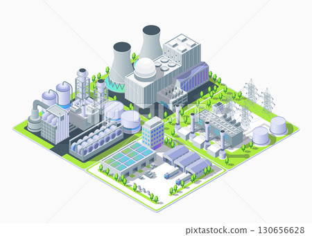 Cartoon Color Geothermal, Petrochemical, Nuclear Power Plant, Logistic Center and Warehouse Industrial Energy Building Concept 3d Isometric View. Vector illustration 130656628