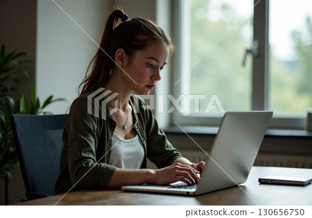Woman Worker Work on Laptop Desk Office, remote work on notebook. AI Generative 130656750