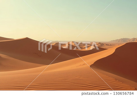 Sand dunes in sunlight, deserted desert red hills, sun and sky. AI Generative Sand dunes in sunlight, deserted desert red hills, sun and sky. AI Generative 130656784