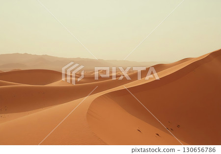 Sand dunes in sunlight, deserted desert red hills, sun and sky. AI Generative Sand dunes in sunlight, deserted desert red hills, sun and sky. AI Generative 130656786