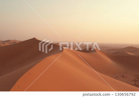 Sand dunes in sunlight, deserted desert red hills, sun and sky. AI Generative Sand dunes in sunlight, deserted desert red hills, sun and sky. AI Generative 130656792