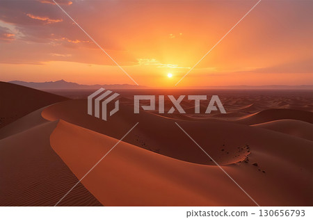 Sand dunes in sunlight, deserted desert red hills, sun and sky. AI Generative 130656793