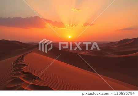 Sand dunes in sunlight, deserted desert red hills, sun and sky. AI Generative 130656794